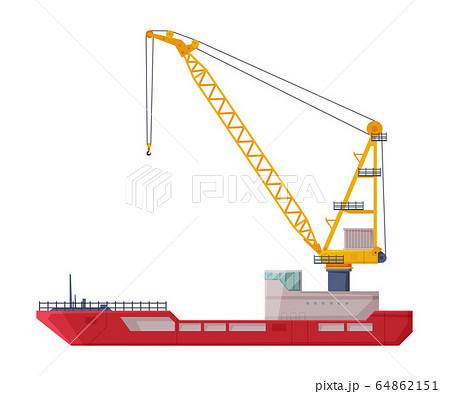Floating Crane, Industrial Ship, Cargo Transportation Service Vehicle Flat Vector Illustration 64862151