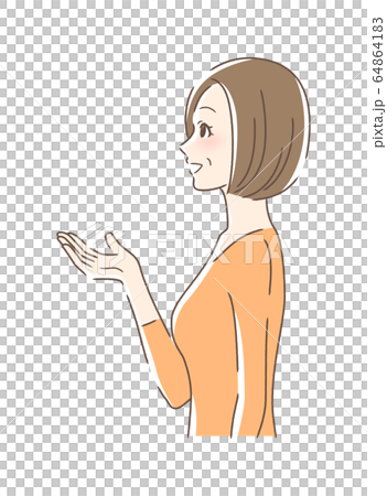 Side profile of a woman smiling and holding out her hand Side profile of a woman smiling and holding out her hand 64864183
