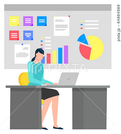 Woman Working on Computer Charts Analysis Vector 64864989