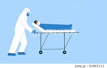 Modern isolated vector illustration in flat style. Poster. Empty place for text. Health care, ambulance concept. Doctor in white hazmat suit transporting patient with coronavirus on stretcher bed Modern isolated vector illustration in flat style. Poster. Empty place for text. Health care, ambulance concept. Doctor in white hazmat suit transporting patient with coronavirus on stretcher bed 64865212
