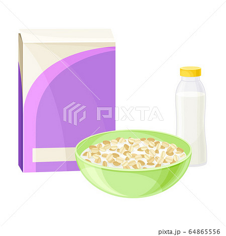 Breakfast Crunchy Cereal Poured in Bowl with Milk or Yogurt Vector Illustration 64865556
