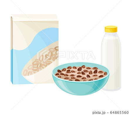 Breakfast Crunchy Cereal Poured in Bowl with Milk or Yogurt Vector Illustration 64865560
