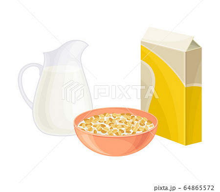 Breakfast Crunchy Cereal Poured in Bowl with Milk Vector Illustration Breakfast Crunchy Cereal Poured in Bowl with Milk Vector Illustration 64865572