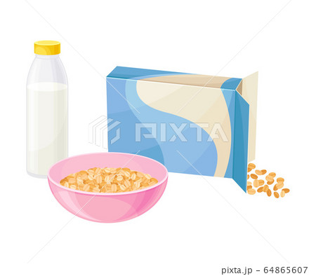 Bowl of Breakfast Cereal with Milk and Bottle Rested Nearby Vector Illustration 64865607