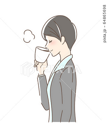 マグカップのコーヒーを飲む女性の横顔のイラスト素材