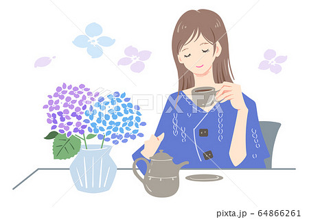 あじさいの花瓶のあるテーブルとお茶をする女性 6月のイラスト のイラスト素材