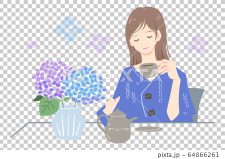 一張桌子的繡球花瓶 6月圖 的女人 插圖素材 圖庫