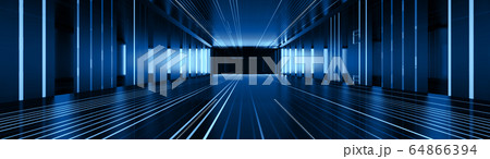 Abstract Corridor Perspective  Hall Digital Technology Background. Blue light in digital hall. 3D Illustration. 64866394