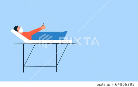 Modern vector illustration in flat style. Happy pleased patient lying in hospital bed. Best treatment. Get well, recover soon. Place for text. Healthcare, medicine concept. Thank you doctors. Thumb up 64866395