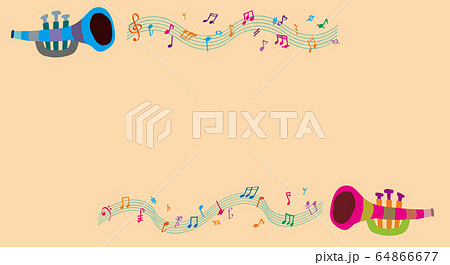 二つのかわいいラッパとカラフルな音符 Two Cute Trumpets And Notesのイラスト素材