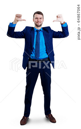 Smiling businessman pointing on himself by thumbs up gesture. 64867064