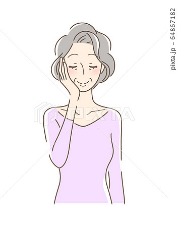 手の平で頬を触る女性のイラスト素材 64867182 Pixta