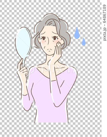 一個女人看著手鏡與不安的表情 一個女人看著手鏡與不安的表情 64867189
