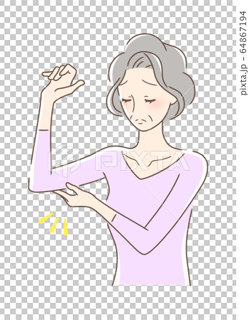 A woman touching his lower arm 64867194