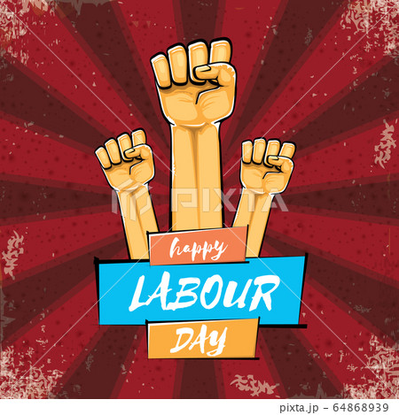 Happy labour day vector label with strong orange hand fist isolated on grunge red background with rays. vector happy labor day background with man hand. red workers may day poster design 64868939