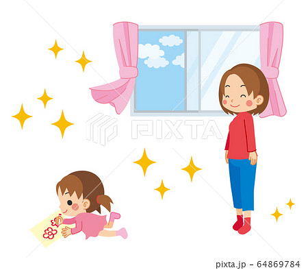 室内で遊ぶ小さい女の子と換気をした綺麗な空気に安心するママのイラスト素材