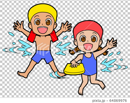 水着を着て水泳をする子供二人 64869976