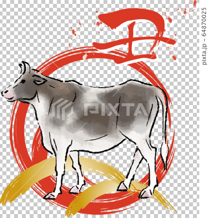 2021牛年新年賀卡插圖sumi-e水墨畫漢字 64870025