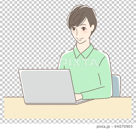 A man smiling by operating a personal computer 64870903