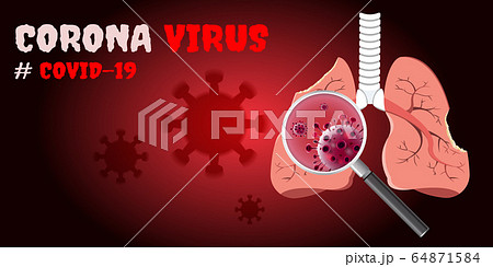 Damaged from Coronavirus cells with magnifying glass inspecting the affected on lung. 2019-nCoV concept. 64871584