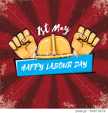 Happy labour day vector label with strong orange hand fist isolated on grunge red background with rays. vector happy labor day background with man hand. red workers may day poster design 64873679