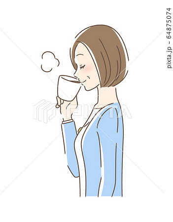 マグカップのコーヒーを飲む女性の横顔のイラスト素材