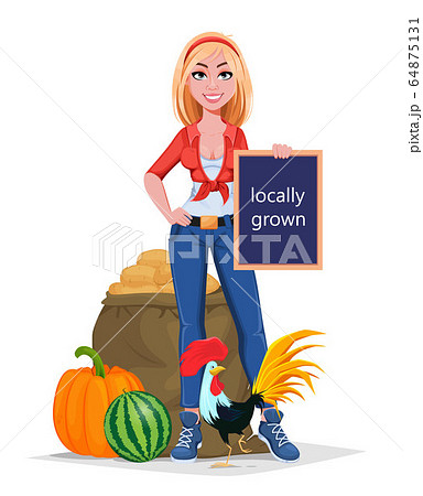 Happy smiling farm girl standing near harvest Happy smiling farm girl standing near harvest 64875131