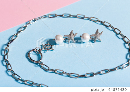 Perfect accessories. Trendy jewelry set. Fashion jewelry and bijouterie. Top view. 64875420