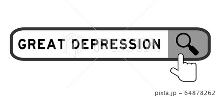 Search banner in word great depression with hand over magnifier icon on white background 64878262