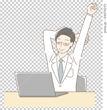 パソコンの前でストレッチをする男性 64879255