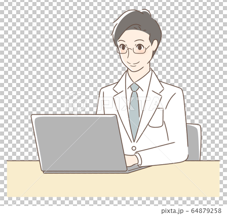 パソコンを操作して笑顔の男性 64879258