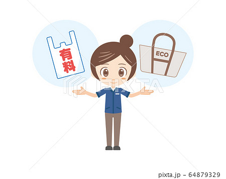 人物_レジ袋とエコバッグ_コンビニ店員_女性 人物_レジ袋とエコバッグ_コンビニ店員_女性 64879329