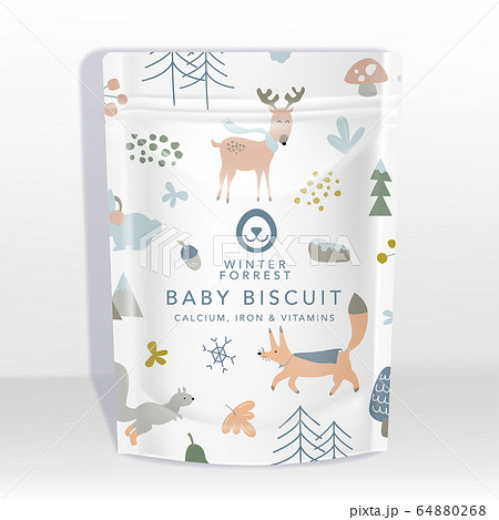 Vector White Pouch or Sachet Packaging Mockup with Animals Pattern Printed 64880268