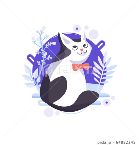 Funny cartoon cat standing and looking from his back. Happy character, glorious pet wearing a red bow. Completed and isolated vector illustration. Funny cartoon cat standing and looking from his back. Happy character, glorious pet wearing a red bow. Completed and isolated vector illustration. 64882345
