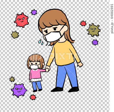 父母和孩子戴著口罩和很少的病毒 64882891