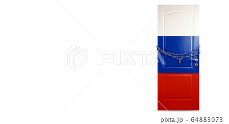 Door colored in Russia flag, locking with chain. Countries lockdown during coronavirus, COVID spreading Door colored in Russia flag, locking with chain. Countries lockdown during coronavirus, COVID spreading 64883073