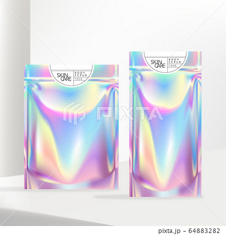Vector Holographic or Iridescent Neon Zipper Pouch or Sachet with White Label 64883282