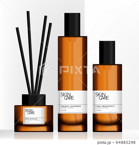 Vector Tinted Brown Glass or Plastic Tall Spray Bottle and Charcoal Reed Aromatic Home Diffuser Set Vector Tinted Brown Glass or Plastic Tall Spray Bottle and Charcoal Reed Aromatic Home Diffuser Set 64883298