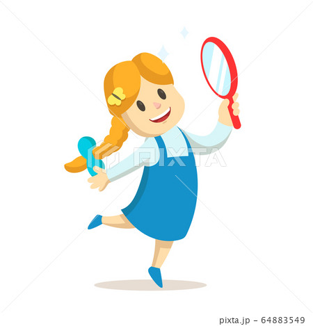 Girl dancing with a mirror in her hand. Flat vector illustration, isolated on white background. Girl dancing with a mirror in her hand. Flat vector illustration, isolated on white background. 64883549
