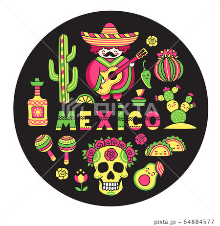 Set of mexican national symbols on a black background in circle.  64884577