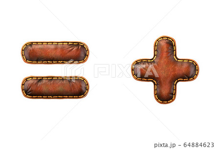 Set of symbols equals and plus made of leather. 3D render font with skin texture isolated on white background. 64884623