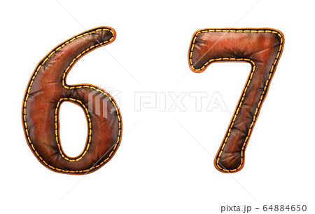 Set of numbers 6, 7 made of leather. 3D render font with skin texture isolated on white background. Set of numbers 6, 7 made of leather. 3D render font with skin texture isolated on white background. 64884650