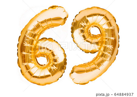 Number 69 sixty nine made of golden inflatable Number 69 sixty nine made of golden inflatable 64884937