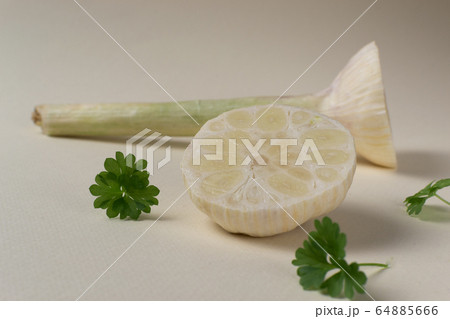 Halved young garlic on a light background. Copy space. 64885666