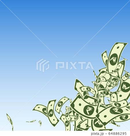 Indian rupee notes falling. Messy INR bills on blu 64886295
