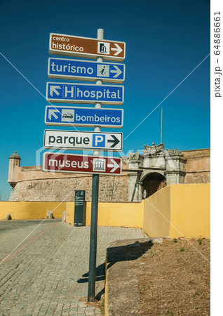 Signpost indicating public services and city attractions in Elvas Signpost indicating public services and city attractions in Elvas 64886661