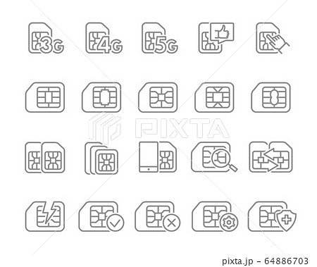 Set of SIM card line icons. 3G, 4G, 5G - network, mobile internet, EMV chip, cards slot, phone chip and more. 64886703