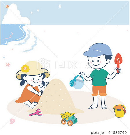 砂浜で遊ぶ 女の子と男の子 イラストのイラスト素材