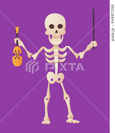 Funny cartoon skeleton posing holding a violin and a bow in his hands. Vector bony character. Human bones illustration skeletal. Dead man on color background 64887399