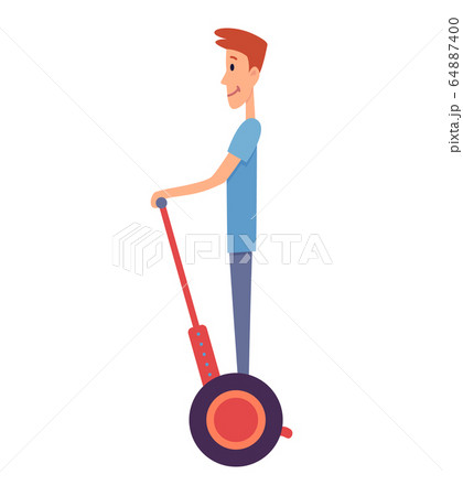 Young handsome man riding an giroboard, modern outdoor transport, standing pose. People riding electric. Design for rent service a quick eco ride. Vector illustration in flat style Young handsome man riding an giroboard, modern outdoor transport, standing pose. People riding electric. Design for rent service a quick eco ride. Vector illustration in flat style 64887400